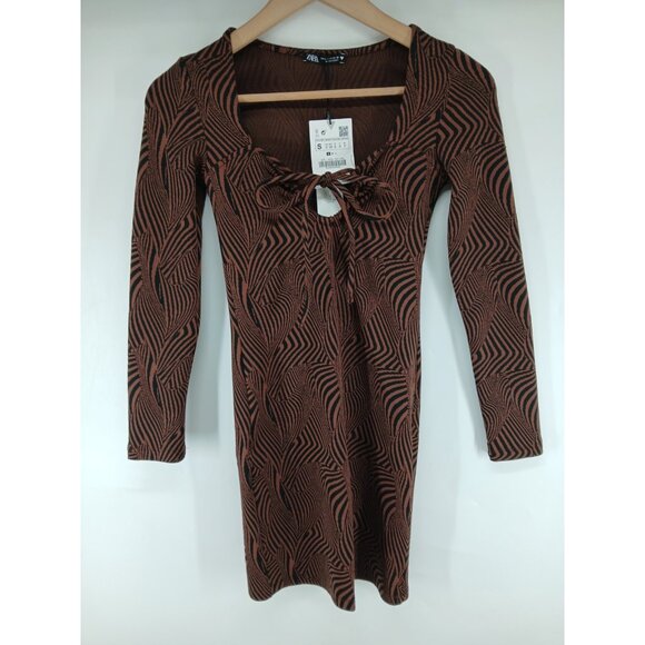 Zara Jacquard Knit Bodycon Tie Front Mini Dress Small Brown Geometric Keyhole - Picture 2 of 6